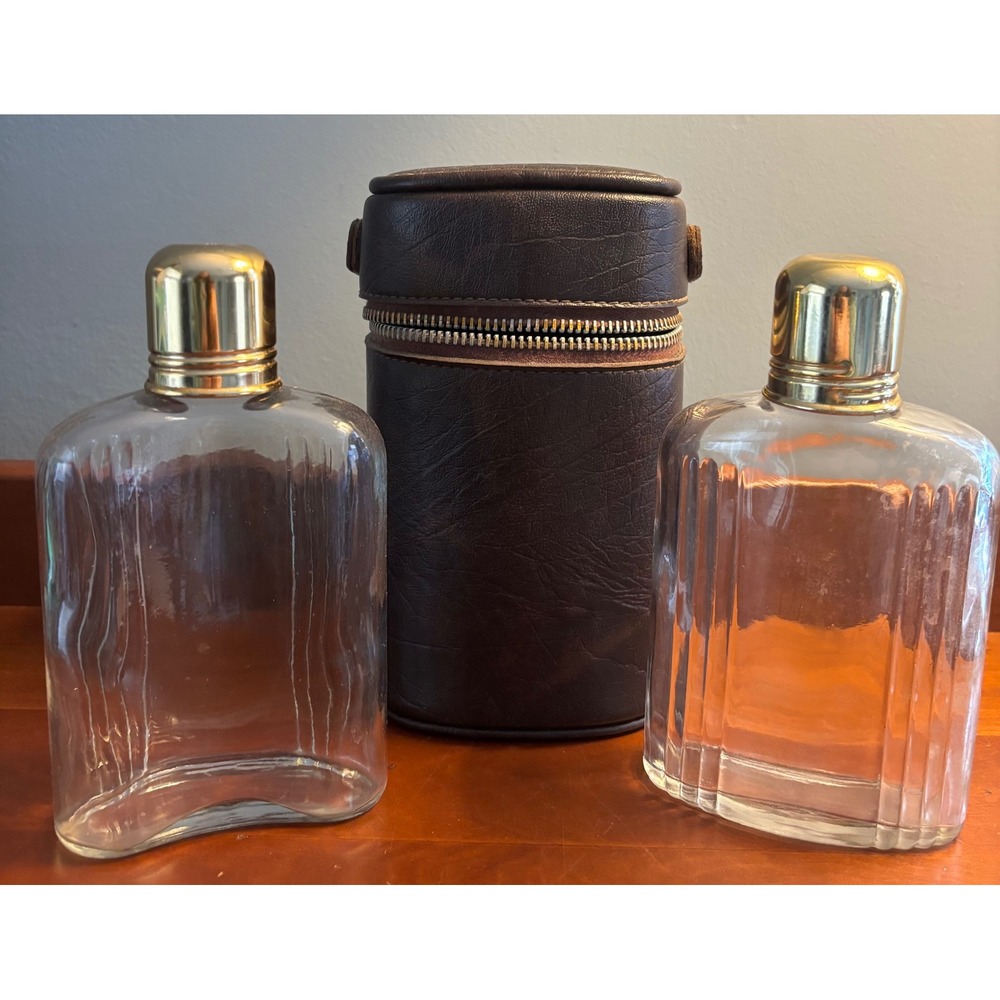 Vintage Glass Flask Travel Set Brown Faux Leather Case Red Lining Gold Caps 3pc